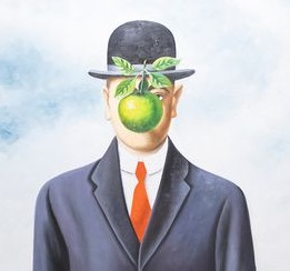 A painting of a man in a suit with a growing green apple obscuring his face