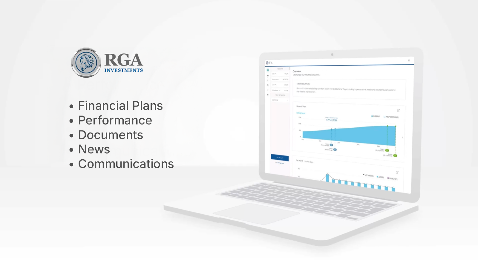 RGA client portal on a laptop: financial plans, performance, documents, news and communications