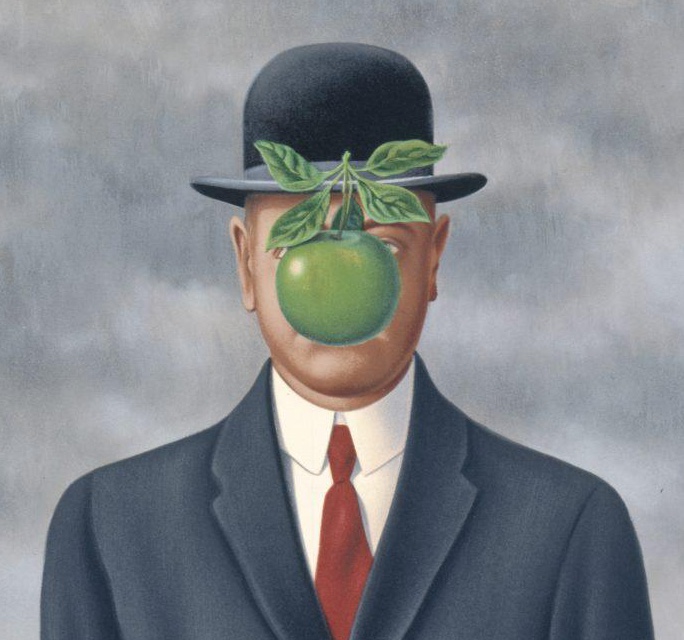 Painting of a man in a bowler hat and suit with a green apple floating in front of his face